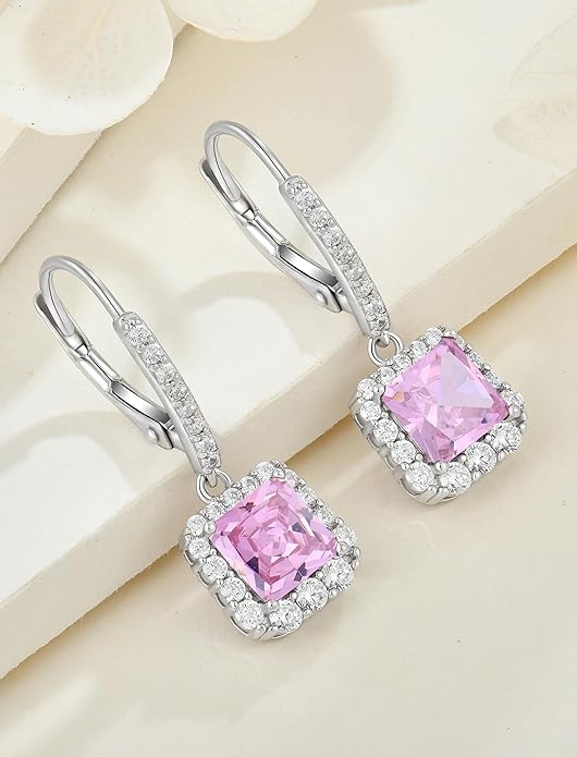 Square Dangle Drop Earrings Sterling Silver Halo Leverback Earrings Birthstone Jewelry for Women