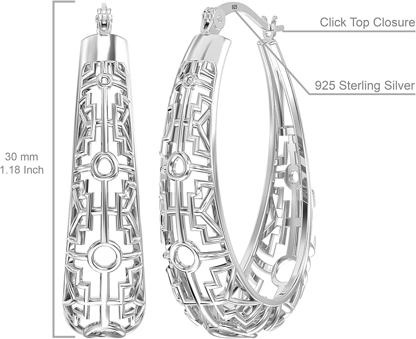 LeCalla 925 Sterling Silver Hoop Earrings | Women's Filigree Hoop Earrings | Openwork Mesh Filigree Cut Earring | Lightweight & Hypoallergenic Vintage Hoop Earrings for Women
