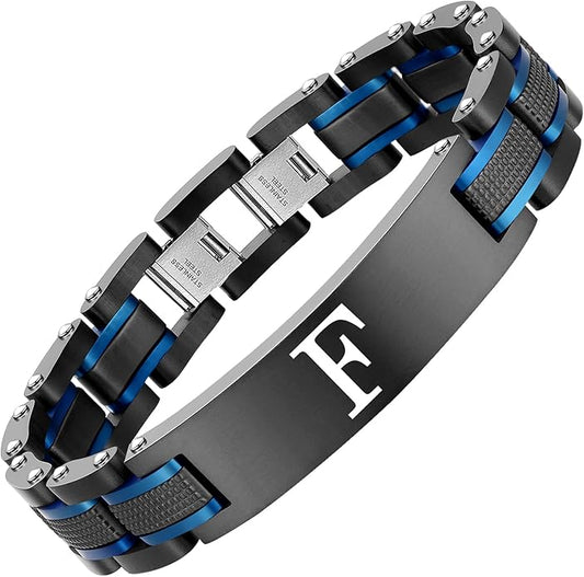Men's initials bracelet - blue and black double spelling, men's bracelet stainless steel. Elegant and durable with gift box
