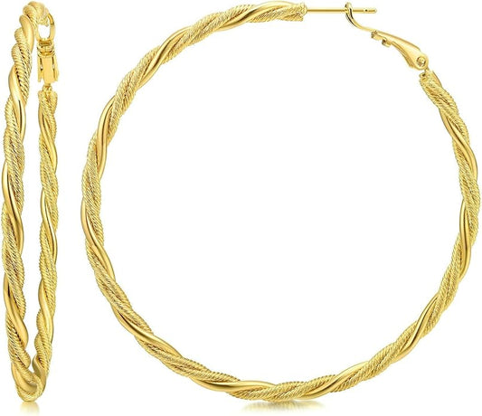 AllenCOCO Gold Hoop Earrings for Women, 18K Gold Plated Twisted Rope Design, Textured Thin Round Hoops with Sterling Silver Post Hypoallergenic 20-70mm