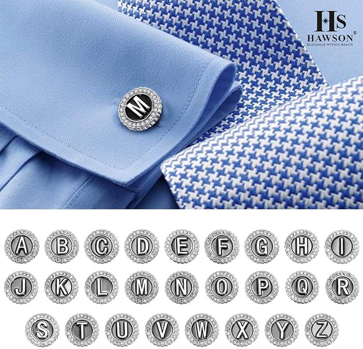 HAWSON A-Z Initial Cufflinks for Men and Women with Clear Crystal, Gold Silver Color Rasied Letter A-Z Cuff Links for French Shirt, Gift for Normal and Business Wearing