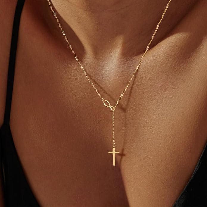 Lariat Necklace for Women, Dainty 14K Gold/Silver Plated Long Necklaces for Women Trendy Simple Layered Y-Shaped Drop Pendant Necklace Adjustable Gold Jewelry Gifts For Her Christmas Stocking Stuffer