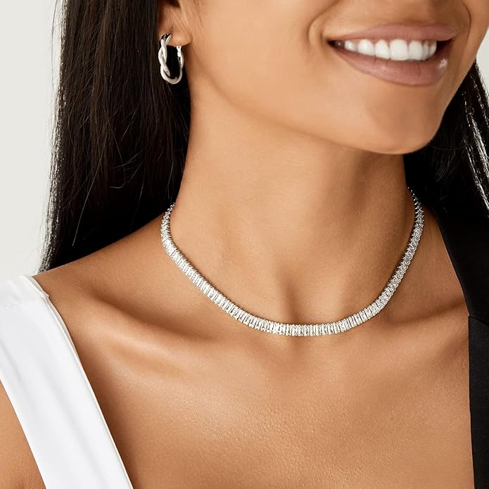 KissYan Diamond Tennis Necklace for Women, 14K/White Gold Plated Cubic Zirconia Baguette Tennis Chain Chunky Paperclip Link Cuban Choker Necklace Dainty Jewelry Gifts