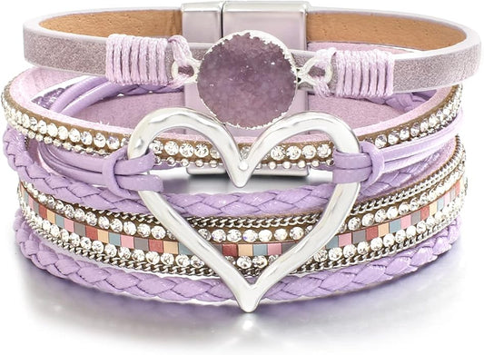 Leather Wrap Bracelet for Women Beaded Cuff Bracelet with Heart-shape Decor Bohemian Crystal Bracelet Jewelry with Clasp Bangle Bracelet for Women Girls Birthday Holiday Gift