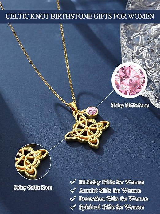 Witches Knot Necklace for Women, 14K Gold Celtic Knot Cross Jewelry with Triquetra Trinity with Birthstone Pendant, Birthday Witchy Spiritual Gifts for Her Wife Mom Grandma, 18+2 Inch Chain