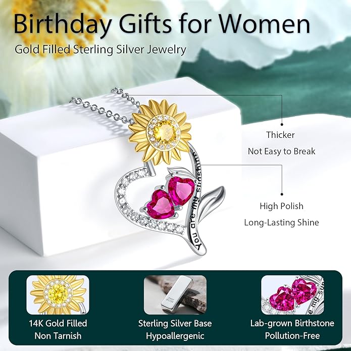 PERJI Valentine's Day Gifts for Women - 925 Sterling Silver Double Birthstone Sunflower Necklace, Anniversary Birthday Jewelry You are My Sunshine Gifts for Wife Couple Girlfriend 18"+2" Non Tarnish