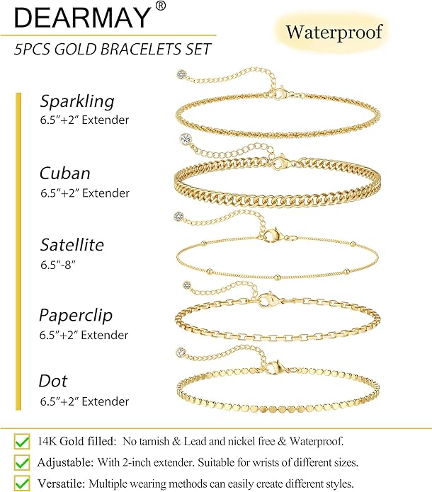 DEARMAY Waterproof Gold Plated Bracelets Set for Women Trendy, Dainty 14K Gold Jewelry Fashion Stackable Tennis Beaded Figaro Herringbone Paperclip Link Bracelet Pack Stack Gifts for Women