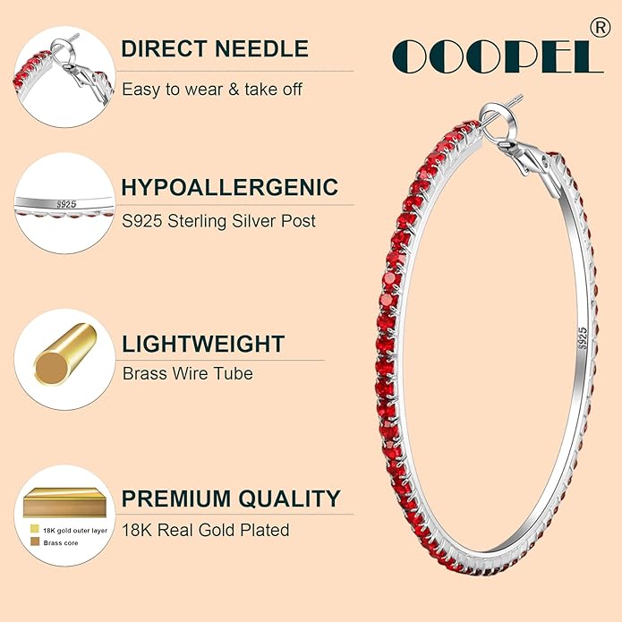 925 Sterling Silver Earrings Large Rhinestone Hoop Earrings Big Cubic Zirconia Hoop Earrings Thin Rhinestones Round Hoop Earrings for Women 20/30/40/50/60/70mm Sparkly Hoops With Crystals for Womens