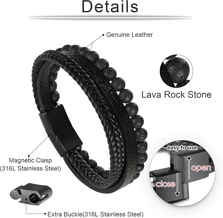 Gifts for Men - Layered Leather Beads Bracelet, Tiger Eye Lava Rock Stone Braided Leather Bracelets for Men Adjustable Magnetic Clasp Birthday Gifts