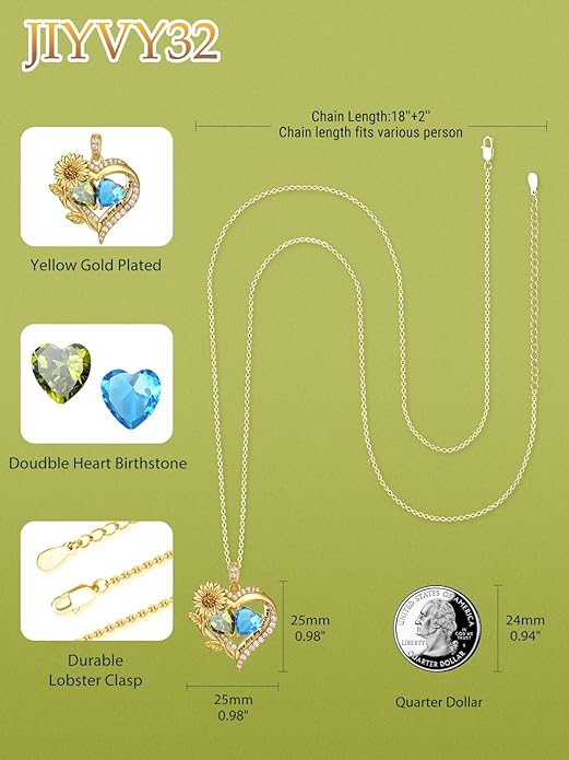 Sunflower Heart Necklace for Women 14K Gold Exquisite Anniversary Birthday Gifts for Wife Mother Her Double Birthstone Pendant jewelry‘You Are My Sunshine’