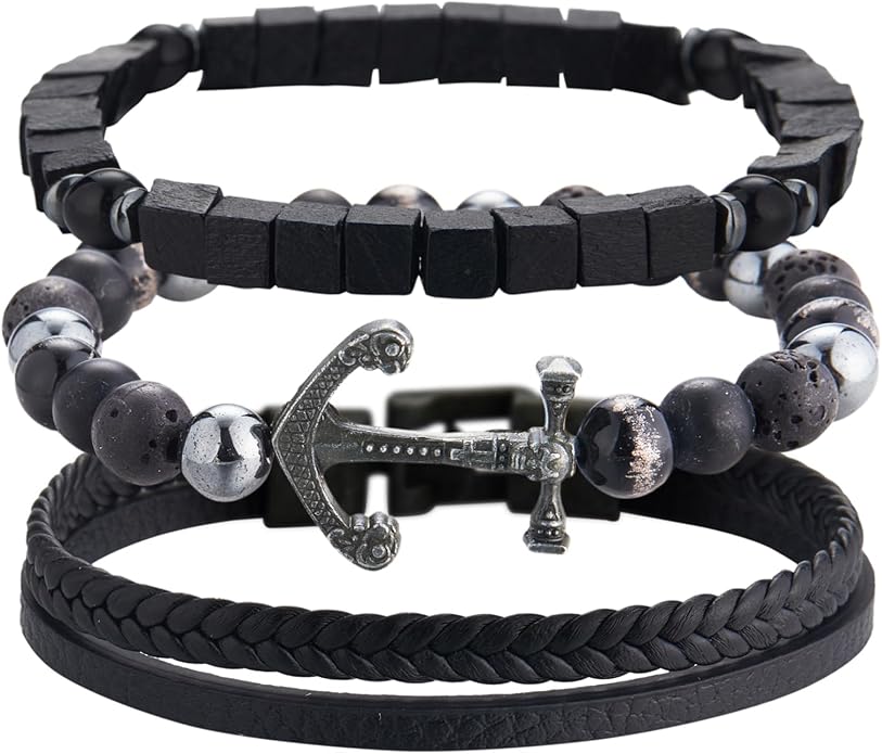 3pc Mens Beaded Bracelets Silver Stainless Steel Chain Bracelet for Men Handmade Braided Bracelet Sets Jewelry Gifts for Men