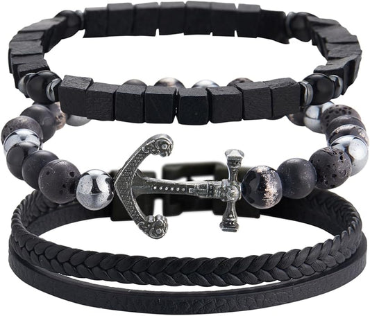 3pc Mens Beaded Bracelets Silver Stainless Steel Chain Bracelet for Men Handmade Braided Bracelet Sets Jewelry Gifts for Men