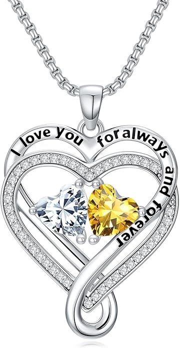 I Love You for Awlays and Forever Double Heart Necklace with Birthstone, 2 Birth Stone Jewelry Anniversary Valentines Mothers Day Christmas Birthday Gifts for Women Her Wife Girlfriend Mom Mother