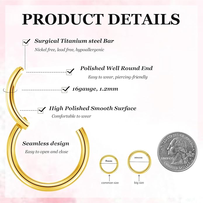 2 PCS Small Cartilage Double-Hoop Helix Conch Piercing Earrings With Cubic Zirconia For Women Trendy 14K Gold Plated Titanium Surgical Stainless Steel Sets Jewelry