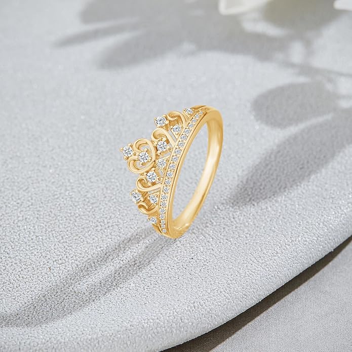 Princess Crown Ring, Round Cut Moissanite, Cubic Zirconia, Lab Grown or Natural Diamond Promise Ring for Women in 14K Gold Plated 925 Sterling Silver Jewelry Gift for Her