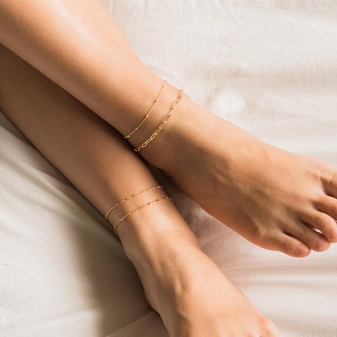 DEARMAY 14K Gold Plated Ankle Bracelets for Women Waterproof - Dainty 6Pcs Anklets Layered Cuban Link Chain Herringbone Cute Anklets Set Pack Summer Beach Jewelry Gift for Women Teen