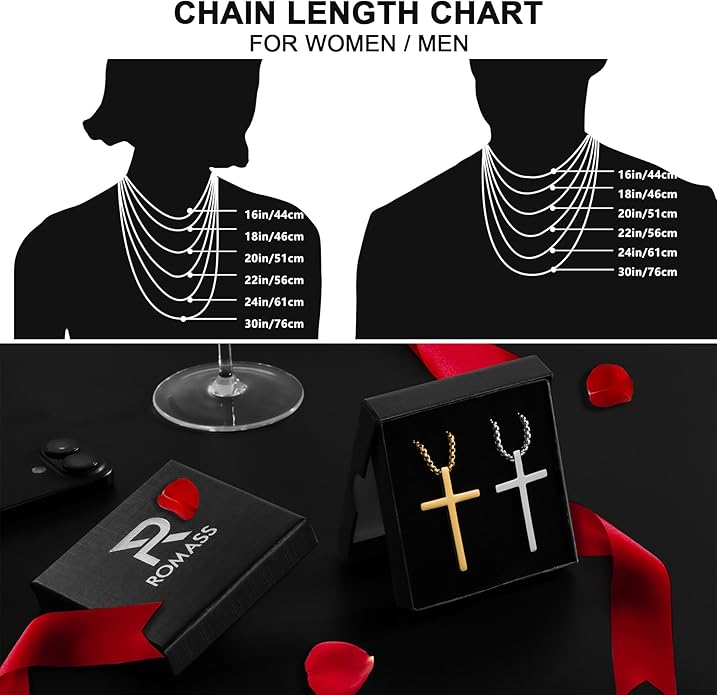 Romass 2 Pcs Cross Necklace for Men Boys,Stainless Steel Pendant Silver Black Gold Crosses Chain Jewelry Gifts Box 16-30 inches
