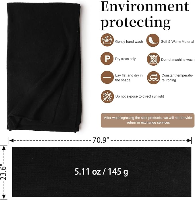 WASALUYA 100% Cashmere Scarf for Women - Knitted Lightweight Travel Wrap, Soft Large Shawl, 71x24 Inches, Luxury Gift