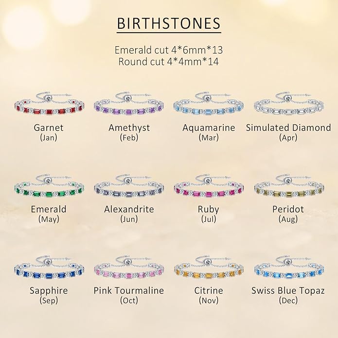 Birthstone Tennis Bracelets for Women White Gold Sterling Silver Gemstone Bracelets Adjustable Chain 6-9 Inchs Jewelry Anniversary Birthday Gifts for Women Mom Wife Her