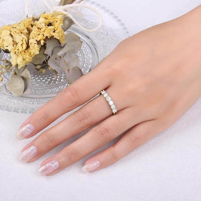 JewelryPalace 6 Stone Cubic Zirconia Half Eternity Stackable Wedding Rings for Women, 14K White Yellow Rose Gold Plated 925 Sterling Silver Promise Rings for Her, Simulated Diamond Wedding Band Ring
