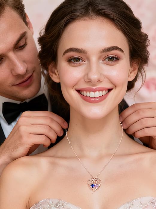 Rose Gold Necklaces for Women Double Birthstone Rose Flower Heart Pendant Necklace Jewelry Anniversary Christmas Valentine's Mother's Day Birthday Gift for Wife Mom Her Girlfriend Sister
