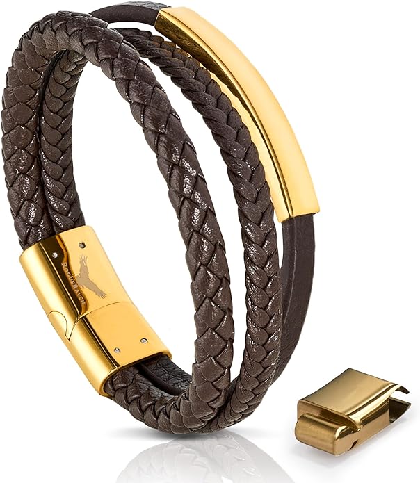 RogueRaven Black Leather Bracelet for Men – Premium Collection – Brown Black Gold Silver | Genuine Leather Mens Bracelet with Stainless Steel Clasp [Adjustable] | In Luxury Gift Box