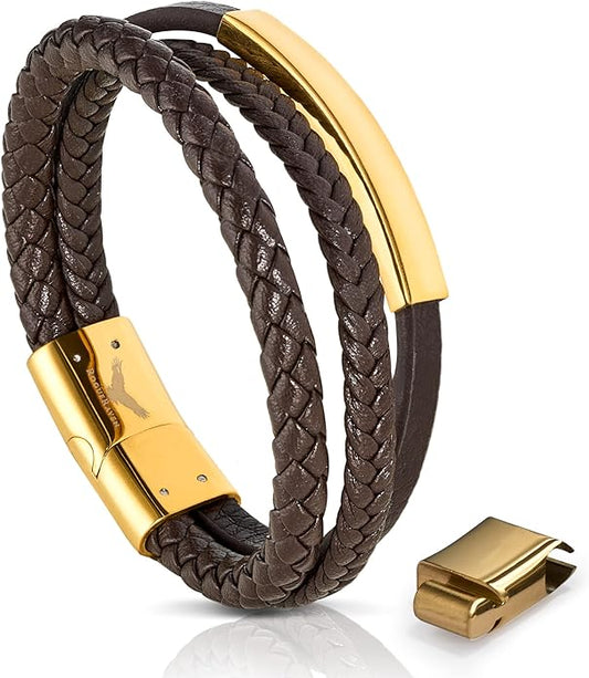 RogueRaven Black Leather Bracelet for Men – Premium Collection – Brown Black Gold Silver | Genuine Leather Mens Bracelet with Stainless Steel Clasp [Adjustable] | In Luxury Gift Box