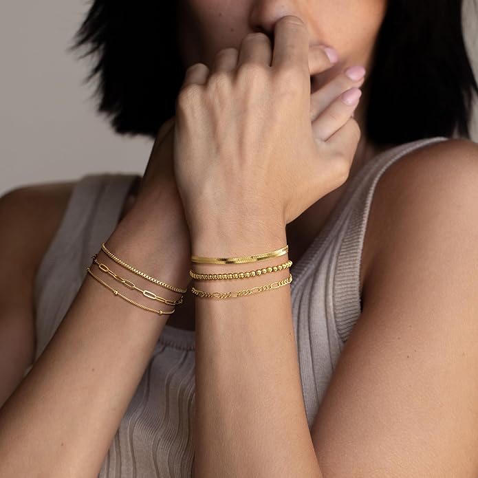 DEARMAY 14K Gold Plated Bracelets for Women Waterproof, Jewelry Sets Trendy Thin Dainty Stackable Cuban Link Paperclip Chain Bracelet Pack Fashion Accessories Gifts for Womens