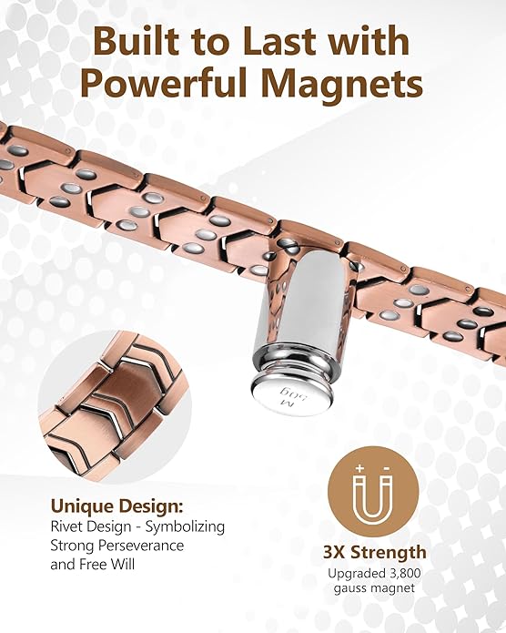 Feraco Copper Bracelet for Men 3X Strength,Magnetic Therapy Bracelet Copper Jewelry with Powerful 3800 Gauss Magnets,Premium Fold-Over Clasp