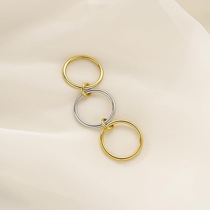 AllenCOCO 14K Gold Plated Stackable Rings, 3 Ring Set with CZ Cubic Zirconia, Gold & Silver Stacked, Multi-Link Connected Interlocking Band for Women Statement Hypoallergenic Upgraded Craft