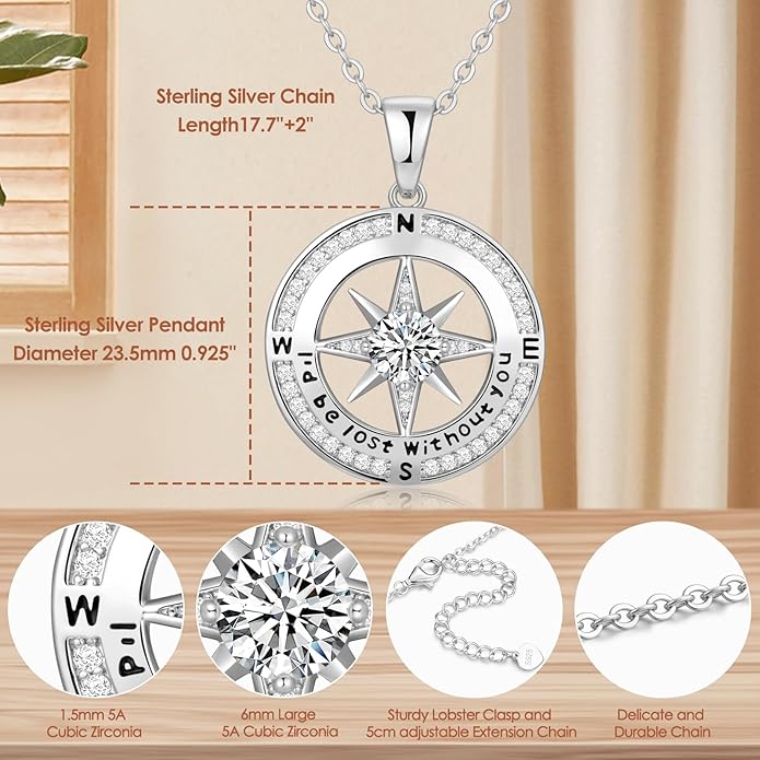 Zifeel Compass Necklace Gifts for Women wife - S925 Sterling Silver Birthstone Necklaces for Women - Anniversary Birthday Gifts for Her Wife Girlfriend - Valentines Mom Mothers Day Christmas Gifts Jewelry for Women