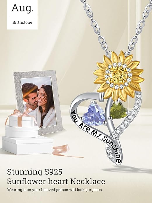 Zeuslia Double Birthstone Necklace Gifts for Wife - 925 Sterling Silver Sunflower/Rose/Crown Cross/Compass/Heart Pendant I Love You Necklace, Anniversary Birthday Gifts for Wife Girlfriend Mom Her