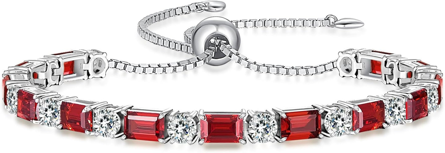 Birthstone Tennis Bracelets for Women White Gold Sterling Silver Gemstone Bracelets Adjustable Chain 6-9 Inchs Jewelry Anniversary Birthday Gifts for Women Mom Wife Her