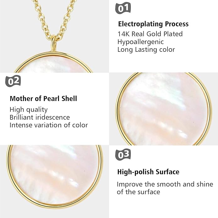 Dainty 14k Gold Plated Mother of Pearl Shell Pendant Necklaces | Cute Round Shell Pendant Necklaces for Women Girls