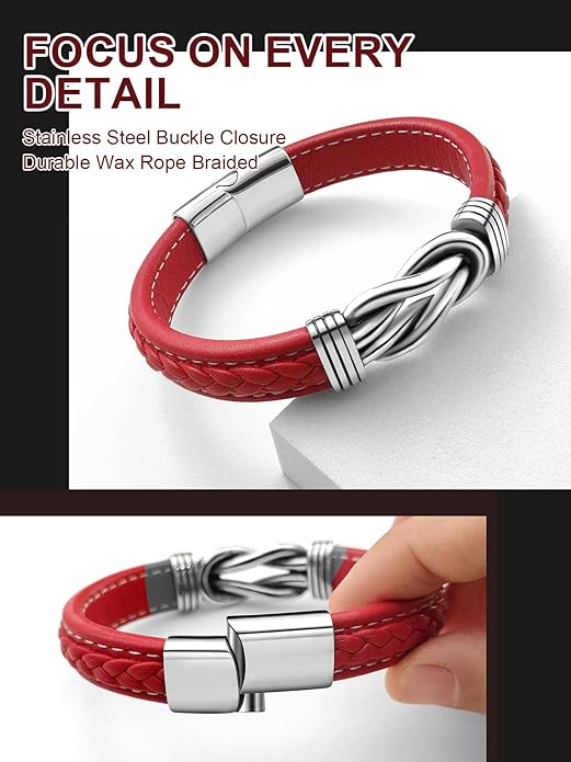 Mens Black Braided Leather Bracelet, Green/Red/Brown/Black Braided Leather Infinity Knot Bracelets for Men with Stainless Steel Clasp, 7.5/8.5/9in Length
