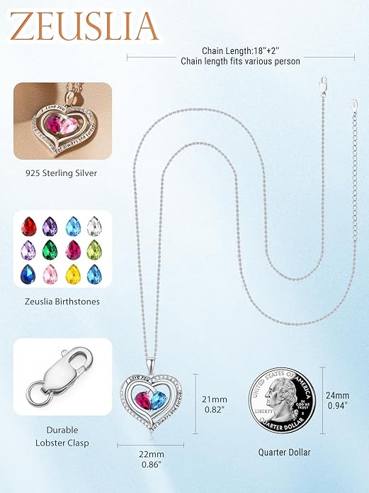 Zeuslia Double Birthstone Necklace Gifts for Wife - 925 Sterling Silver Sunflower/Rose/Crown Cross/Compass/Heart Pendant I Love You Necklace, Anniversary Birthday Gifts for Wife Girlfriend Mom Her