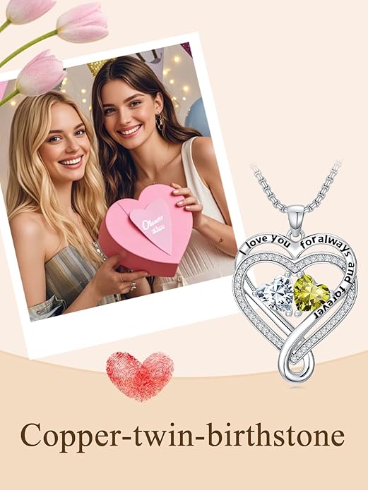 I Love You for Awlays and Forever Double Heart Necklace with Birthstone, 2 Birth Stone Jewelry Anniversary Valentines Mothers Day Christmas Birthday Gifts for Women Her Wife Girlfriend Mom Mother