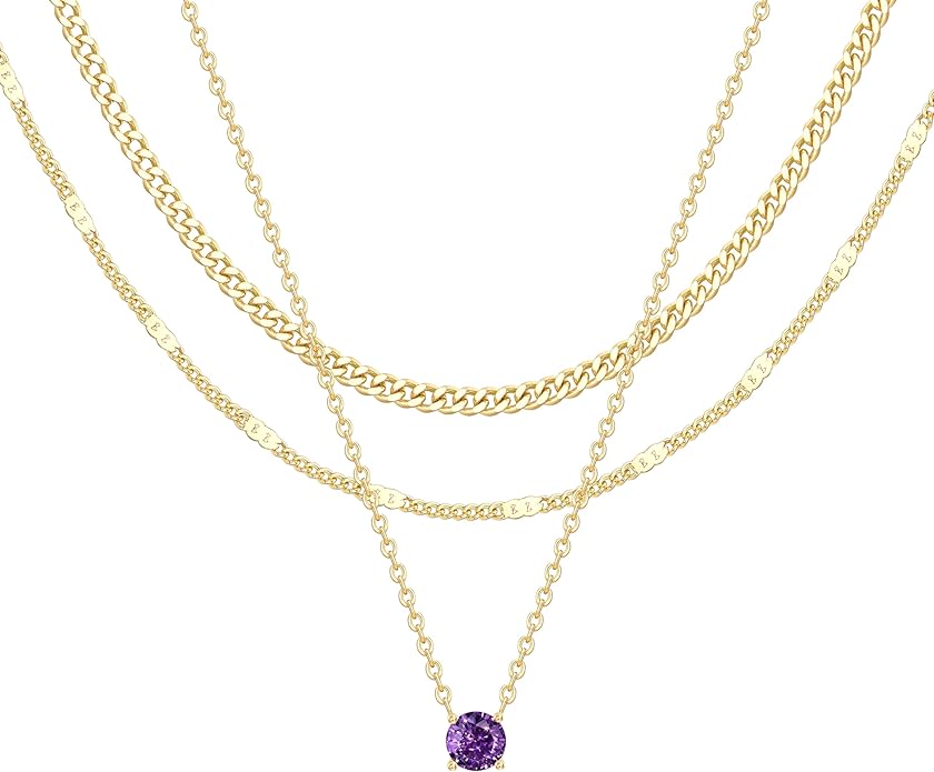 WomenGifts Layered Gold Necklaces for Women, 14K Gold Sterling Silver Plated Dainty Pendant Necklace Set with Cubic Zirconia Circle, Chunky Stackable Cuban Chain Choker, Trendy Personalized Birthstone Jewelry Gift Non Tarnish