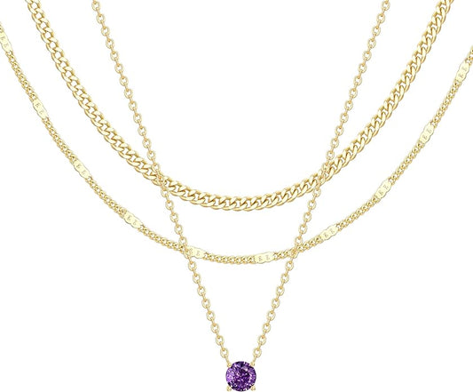 WomenGifts Layered Gold Necklaces for Women, 14K Gold Sterling Silver Plated Dainty Pendant Necklace Set with Cubic Zirconia Circle, Chunky Stackable Cuban Chain Choker, Trendy Personalized Birthstone Jewelry Gift Non Tarnish