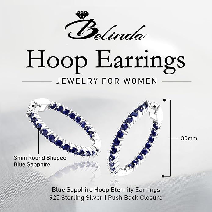 Hoop Earrings with 40 Colored Gemstones, Birthstone Earrings, 925 Sterling Silver Rhodium Plated, Push Back Closure, 1.18'