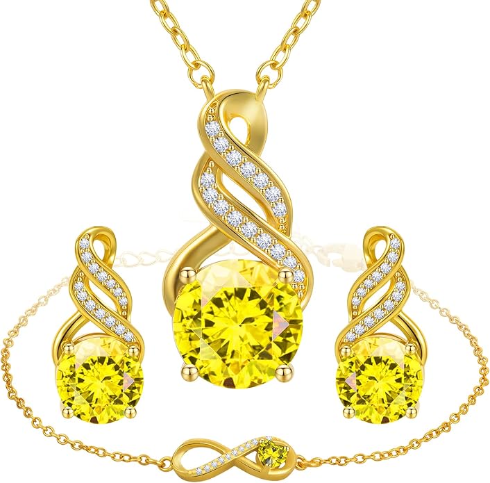 HNPHQT Jewelry Sets for Women-18K Gold Plated Dainty Birthstone Pendant,Trendy Necklace Earrings Infinity Bracelets Set,Ideal Jewelry Gifts for Her Mom