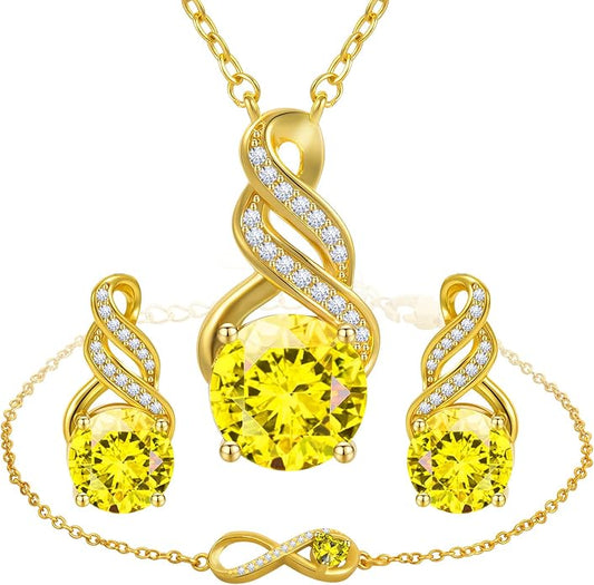 HNPHQT Jewelry Sets for Women-18K Gold Plated Dainty Birthstone Pendant,Trendy Necklace Earrings Infinity Bracelets Set,Ideal Jewelry Gifts for Her Mom