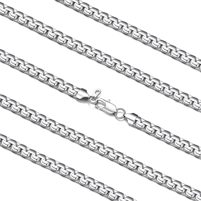 FaithHeart Mens Black/Silver/Gold Stainless Steel Flat Box Link Chain Necklace, Stylish 2/4/6/8mm Width Box Chains Necklaces for Men Non Tarnish Hip Hop Chain Jewelry Gifts,14"-30" Length