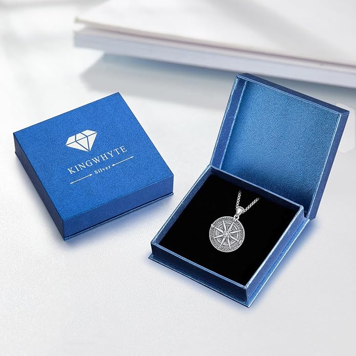KINGWHYTE Compass Necklace for Men 925 Sterling Silver Birthday Gifts Graduation Travel Jewelry for Husband Brother with Stainless Steel Chain