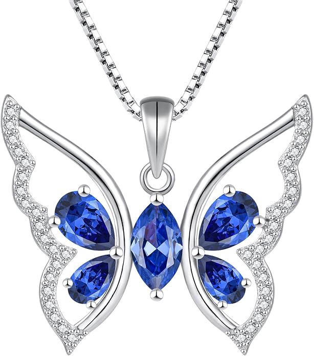 YL Women's Butterfly Necklace 925 Sterling Silver Flower Rose Pendant Birthstone Halo Jewelry