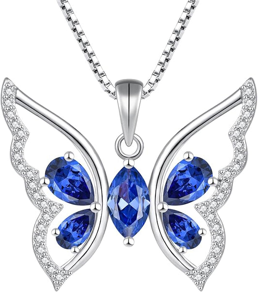 YL Women's Butterfly Necklace 925 Sterling Silver Flower Rose Pendant Birthstone Halo Jewelry