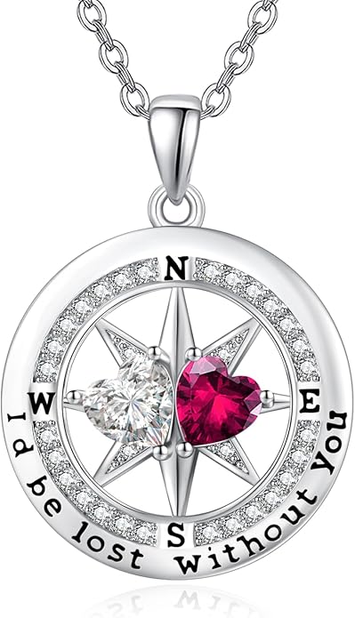 Compass Birthstones Necklace for Women, Exquisite Anniversary Birthday Gifts for Wife Her Double Birthstone Pendant jewelry ‘I'd be Lost Without You’