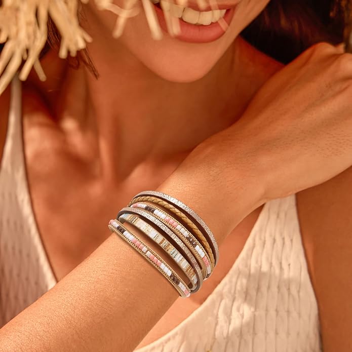 ENGCKSHI Wrapped Bracelets for Women,Leather Bracelet,Boho Bracelets for Women,Multi-Layer Pearl Crystal Bracelet Bangle Jewelry