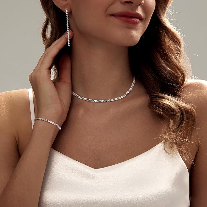 Tennis Necklace Bracelet for Women, Sterling Sliver, Dainty Chocker Necklace, Crystal Bracelet for Women, Wedding Jewelry for Bride, Sparkly Party Prom Hypoallergenic