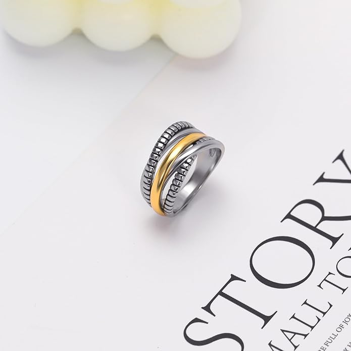 Two-Tone Wide Statement Ring for Women - Gold Silver Crossover Band with Ribbed Texture - Modern Fashion Jewelry Cocktail Ring - Mixed Metal Layered Design